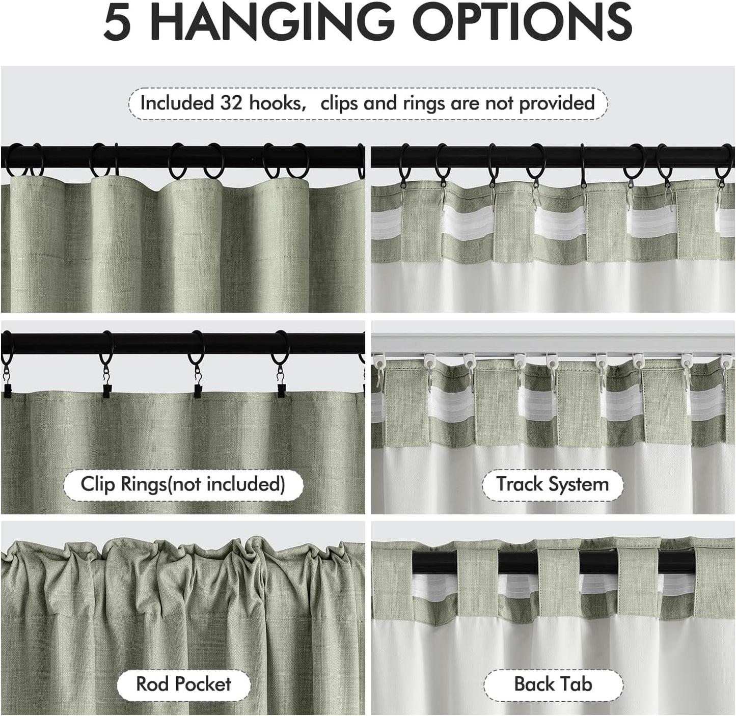 MIULEE 100% Blackout Curtains 102 Inch Long 2 Panels for Bedroom, Thick Luxury Faux Linen Black Out Curtain Room Darkening Back Tab Pleat Window Textured Drapes with Hooks for Living Room, Sage Green