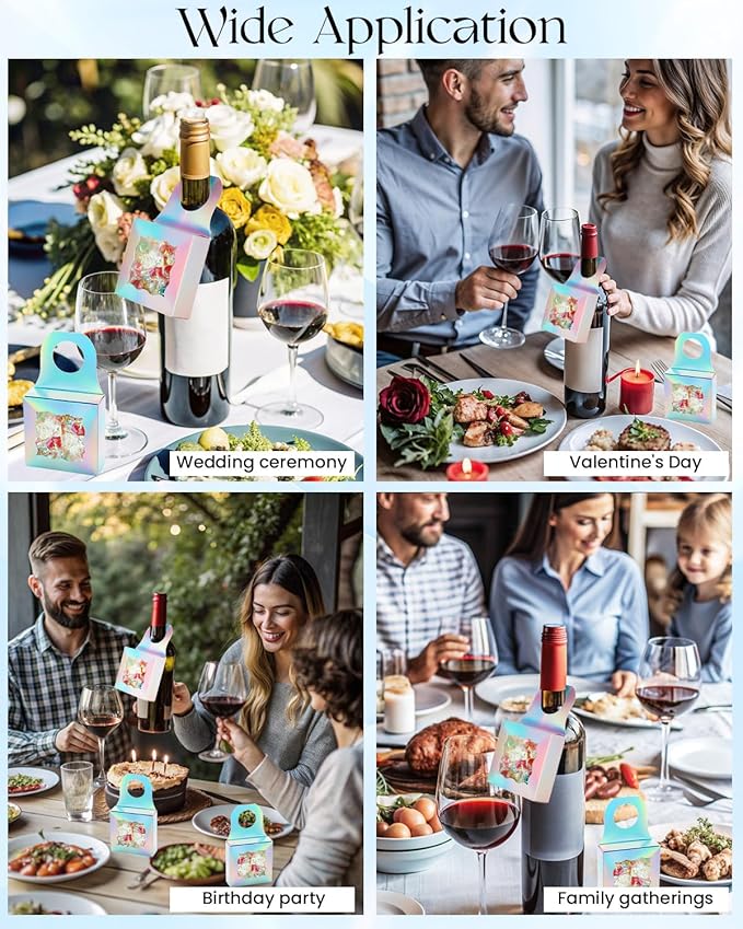 Megitzuu 20 PCS Wine Bottle Box with Clear Window, Hanging Wine Gift Box, Wine Bottle Tag Box for Gift, Wine Bottle Treat Box, Bottle Hanger Favor Box for Sweets, Cookies, Snack (Holographic Silver)