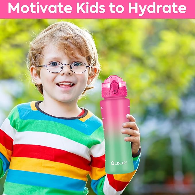 OLDLEY Kids Water Bottle for School with Straw Chug Lid, 15 oz Unbreakable Leak-Proof BPA-Free Motivational Water Bottles with Time Marker for Travel Sports Gym, 2 Lids,Rose-Red Green