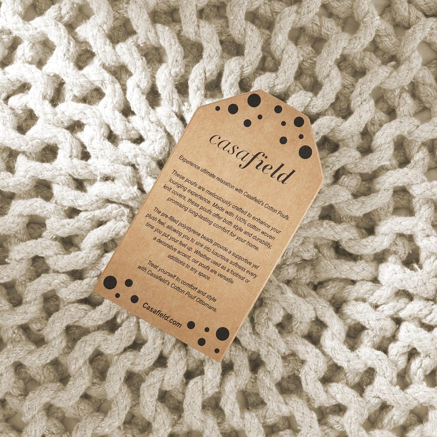 Casafield Round Pouf Ottoman, Natural - 20" Diameter x 14.5" High Cotton Knit Foot Stool - Boho Floor Pouffe for Living Room, Bedroom, Home Office