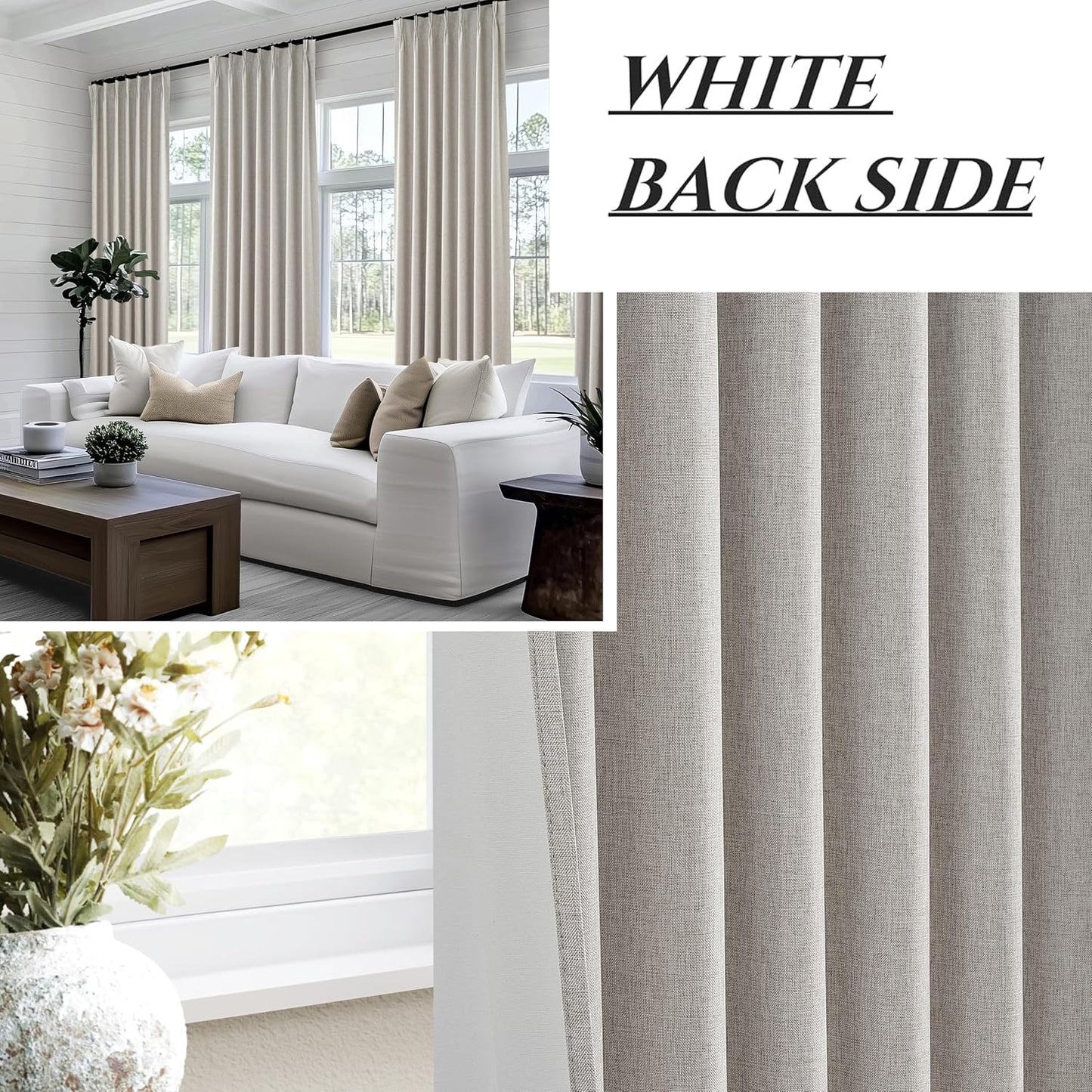 Grey Beige Viral Thick Linen Blackout Curtains 90 Inches Long for Bedroom/Dining Room 2 Panels Set, Neutral Pinch Pleated Melange Energy Efficient Sunblock Drapes with White Backing (40"Wx90"L)