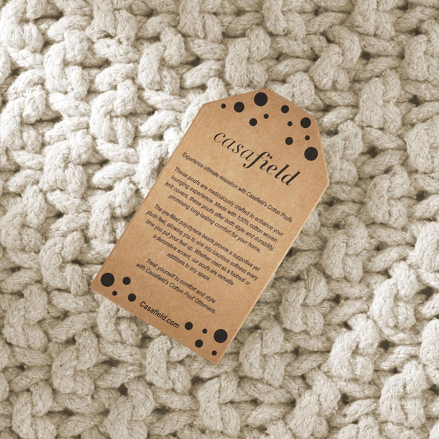 Casafield Square Pouf Ottoman, Natural - 18.5" W x 18.5" D x 14.5" H Cotton Knit Foot Stool - Boho Floor Pouffe for Living Room, Bedroom, Home Office