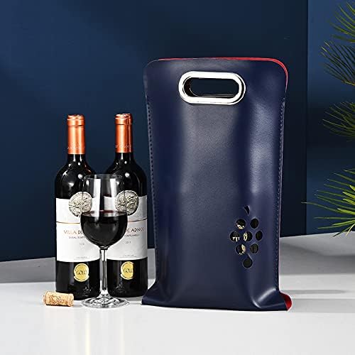 Leather Wine Bag with Handles Reusable Wine Carrier Bag Carrier Tote PU Leather Wine Gift Bag for Party Picnic Travel for Wine Lover Color Blue 2 Bottle, color blue- 2 bottle