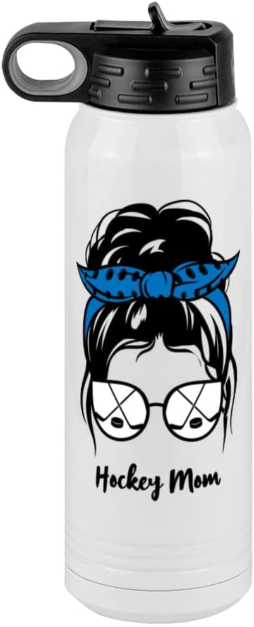 Hockey Mom Water Bottle, Messy Bun, White 30 oz Polar Camel with Straw Lid, Stainless Steel, Vacuum Insulated