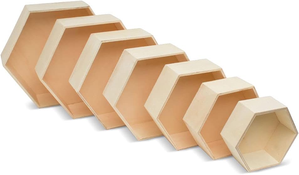 Wooden Hexagon Floating Shelves with Backs, 2 Sets of 7, Unfinished for Crafts and DIY Wall Décor: Modern, Geometric, Rustic, or Honeycomb, by Woodpeckers