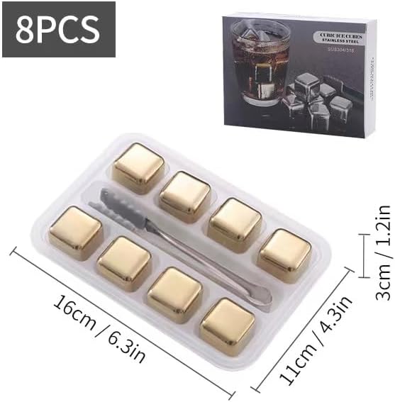 ShanSon Wine Chillers Metal Ice Cube 8 PCS Stainless Steel Whiskey Stones Reusable Whiskey Rocks Beverage Chilling Stones for Scotch and Bourbon Drinking Gifts Set for Men Dad Husband,Gold