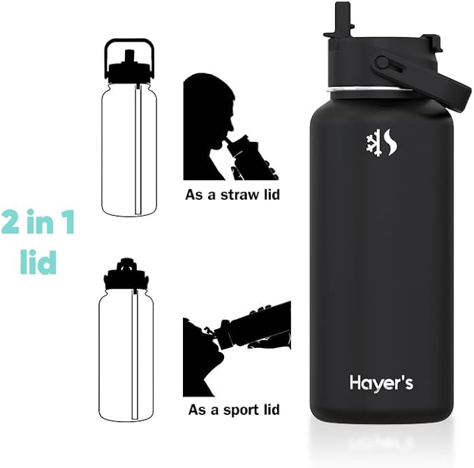 Hayer's Water Bottles 32oz Stainless Steel Insulated Hot & Cold Water Bottle with Straw and Spout 2 in 1 Lid with Paracord Travel Water Bottle Handle.
