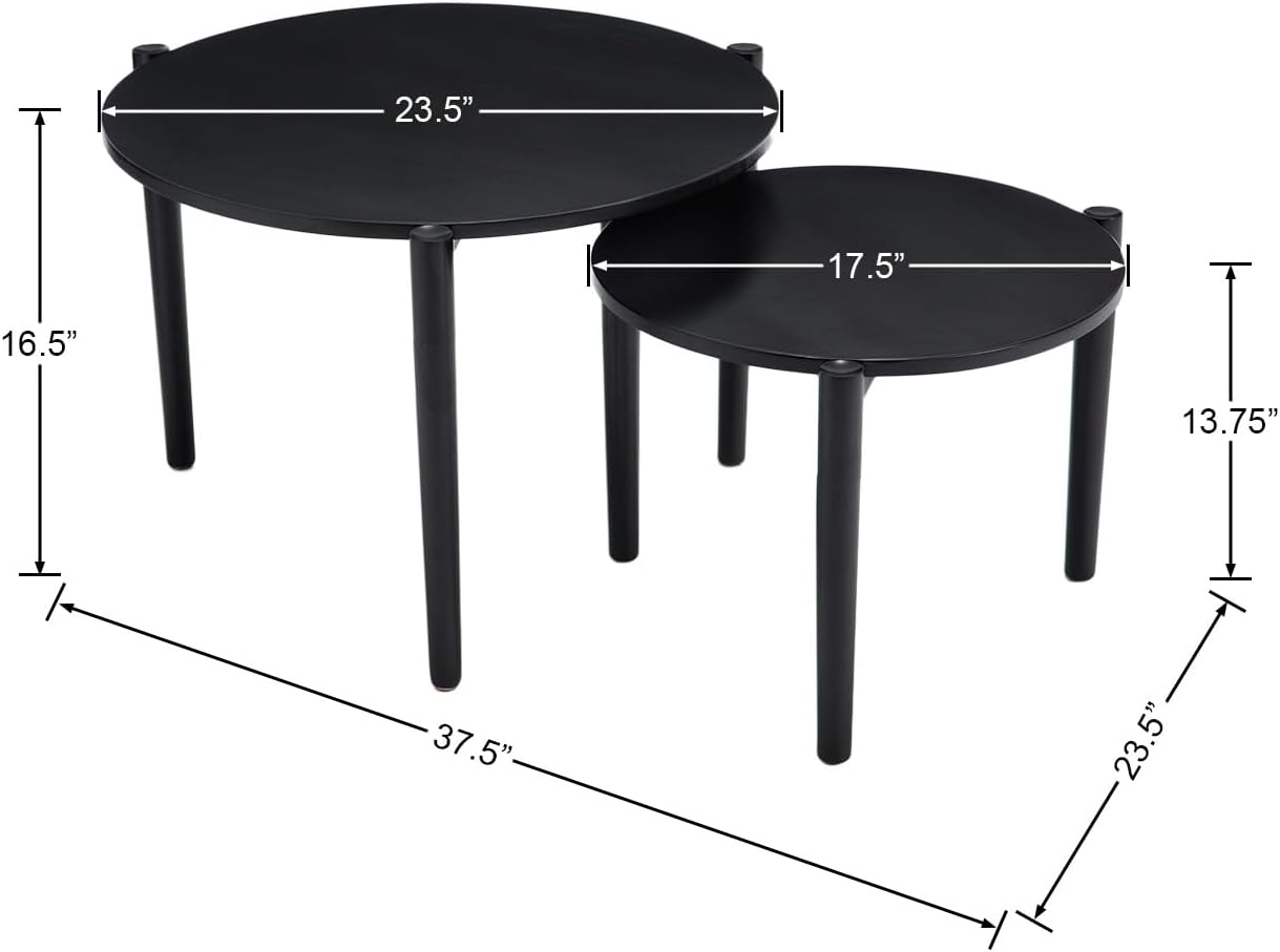 Wooden Round Modern Nesting Coffee Set of 2, Round End Table Side Table, Stacking Living Room Accent Tables for for Living Room Bedroom Balcony, Black
