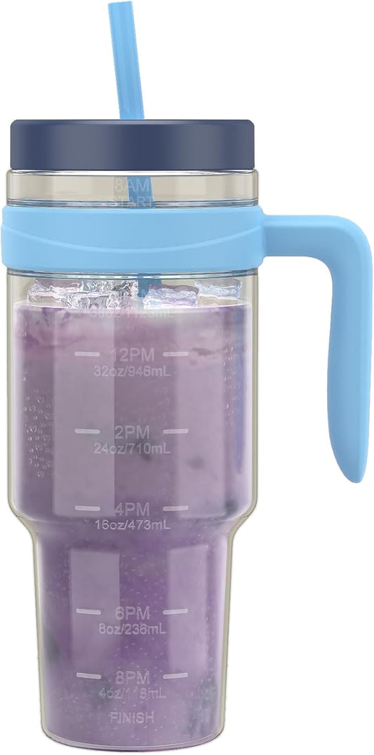 Tronco 50 oz Tritan Plastic Tumbler with Lid and Straw, BPA-Free Reusable Clear Water Bottle with Time Marker, 100% Leak Proof & Wide Mouth for Iced Coffee, Juice, Bubble Tea, Smoothies