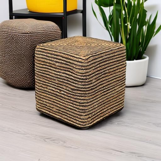 REDEARTH · Cube Pouf Foot Stool Ottoman - Jute Braided Pouffe Poof Accent Sitting Footrest for The Living Room, Bedroom, Nursery, Patio, Lounge 50% Jute 50% Cotton (14.5”x14.5”x16”; Natural Black)