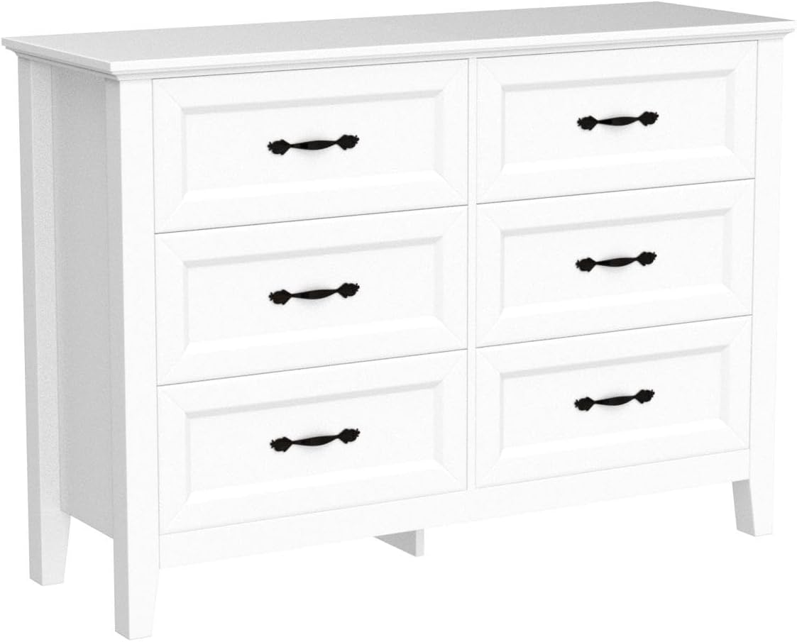 LINSY HOME Dresser for Bedroom, 6 Drawer Dresser with Metal Handles, Chest of Drawers for Living Room, Entryway and Hallway, White
