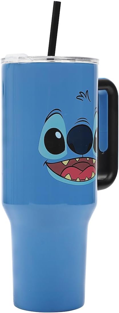 Bioworld Disney Stitch Face 40 Oz Blue Stainless Steel Tumbler With Handle