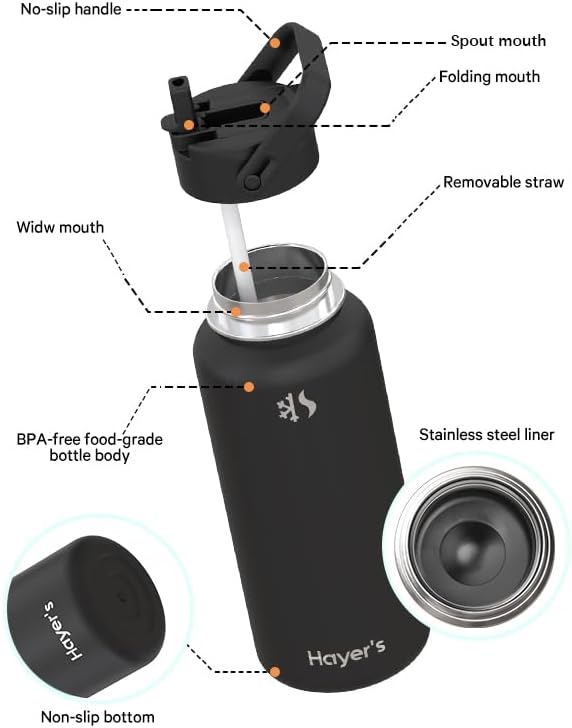 Hayer's Water Bottles 32oz Stainless Steel Insulated Hot & Cold Water Bottle with Straw and Spout 2 in 1 Lid with Paracord Travel Water Bottle Handle.