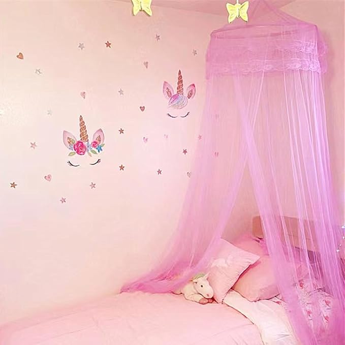 Eimilaly Lace Bed Canopy Mosquito Netting with Warm Lights, Princess Bed Canopy for Girls Room Decor, Blue/Single Door