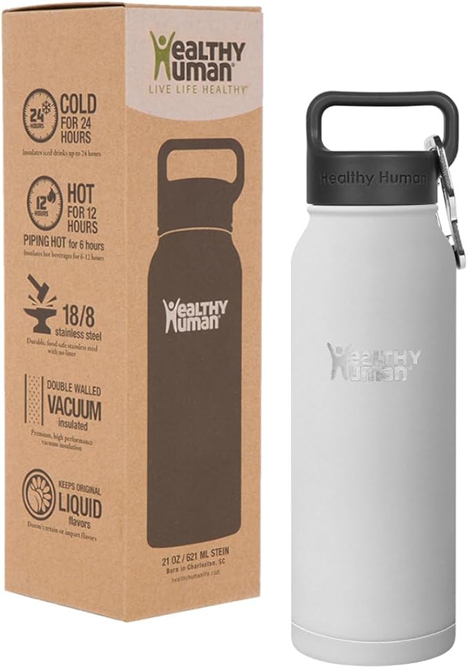 Healthy Human Stainless Steel Water Bottle | Double Walled Vacuum Insulated Water Thermos for Adults | Eco-Friendly Travel Bottles with Leak Proof Lid (Pure White, 21 oz/ 621 ML)