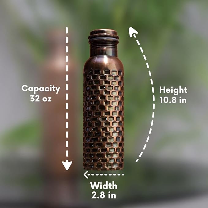Copper Water Bottle 32 oz Hammered Vintage Modern Design Handcrafted Ayurvedic Copper Vessel For Drinking Water Bottle Travel Water Bottle for Gym, Office, Hiking, Outdoor Hammered Water Vessel