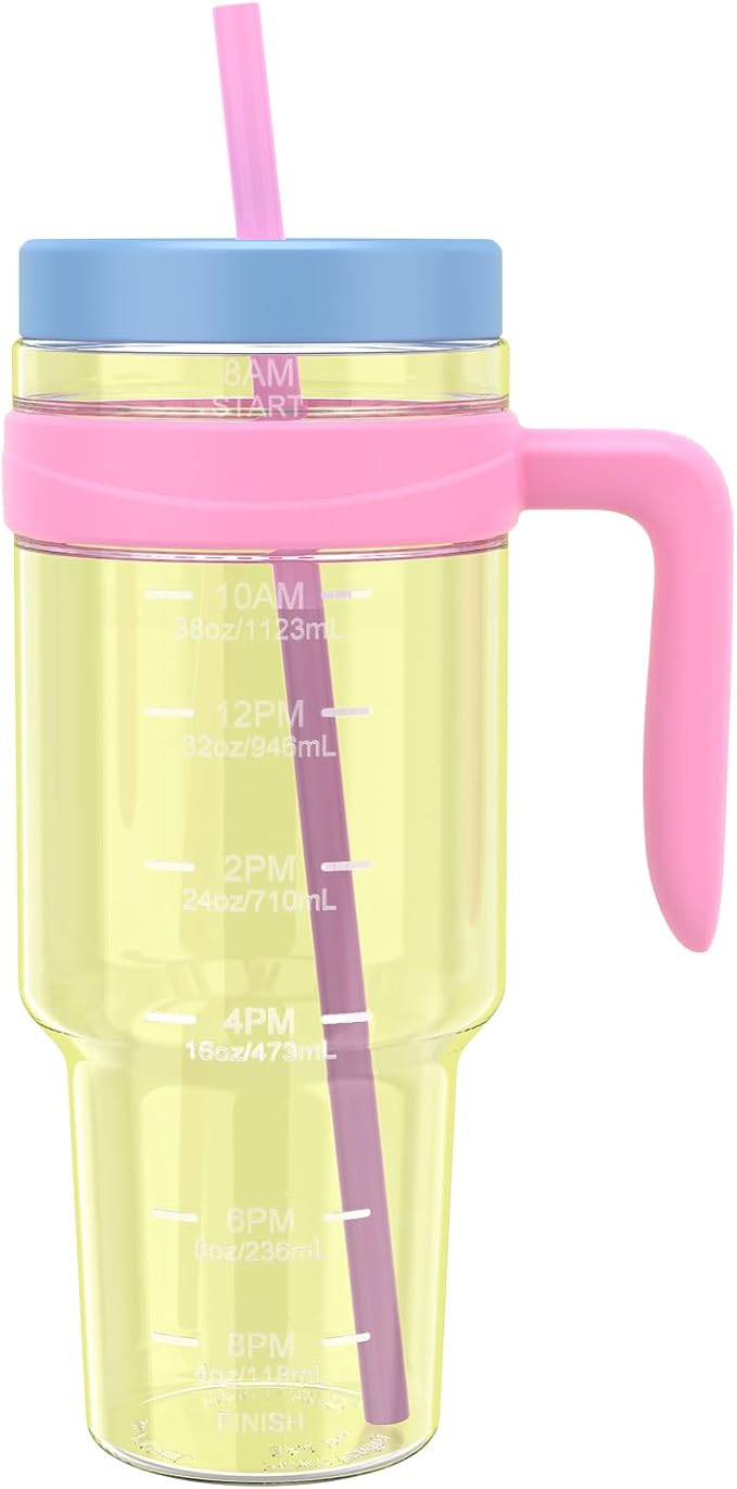 Tronco 50 oz Tritan Plastic Tumbler with Lid and Straw, BPA-Free Reusable Clear Water Bottle with Time Marker, 100% Leak Proof & Wide Mouth for Iced Coffee, Juice, Bubble Tea, Smoothies