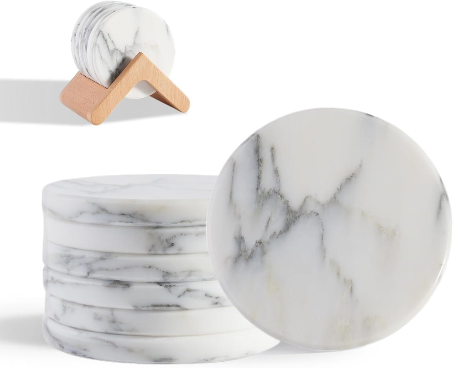 BCS Marble Coasters Set of 6 with Holder - Premium White Stone Drink Coasters, Durable Cup Mats for Coffee, Beer, Wine - Non-Slip Modern Table Decor for Home, Office, Dining