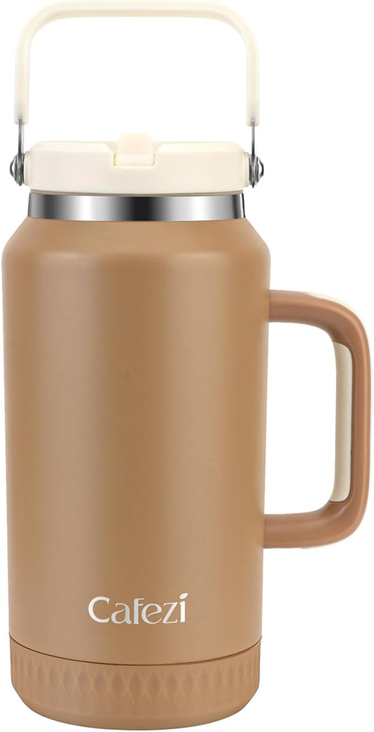 64oz Half Gallon Insulated Water Jug with Flip Straw & Silicone-Grip Handle - Leak-Proof, Sweat-Free, BPA-Free, Iced for 34 Hours, Wide Mouth, Dishwasher Safe, Anti-Slip Base