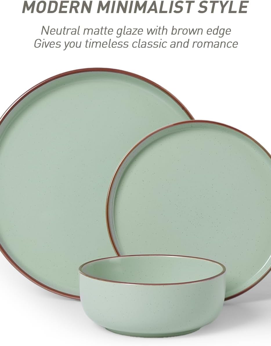 Famiware Mercury Plates and Bowls Sets, 18 Pieces Stoneware Dinnerware Sets, Dishes Set for 6, Microwave and Dishwasher Safe, Light Green