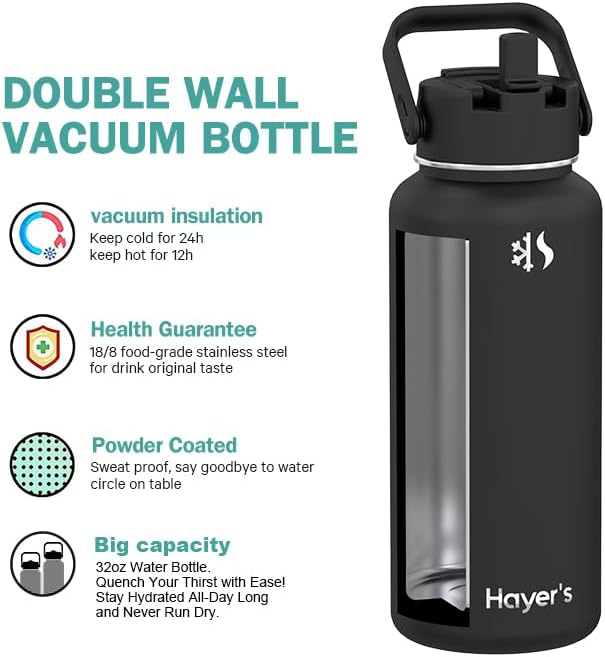 Hayer's Water Bottles 32oz Stainless Steel Insulated Hot & Cold Water Bottle with Straw and Spout 2 in 1 Lid with Paracord Travel Water Bottle Handle.