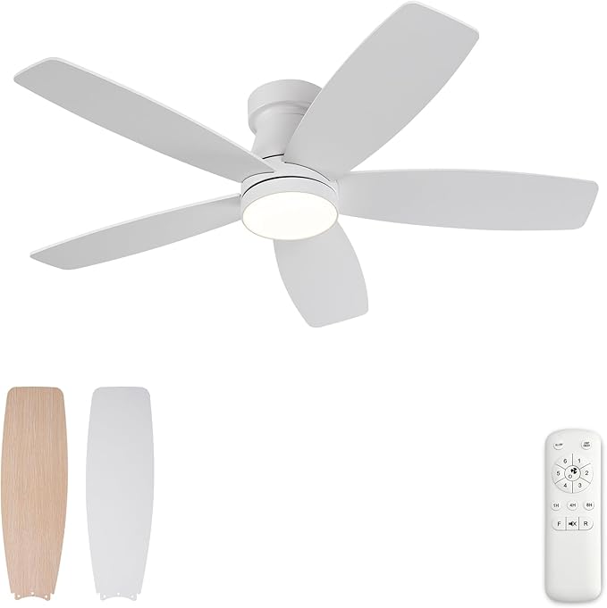 42 inch Ceiling Fans with Lights and Remote,Flush Mount White Ceiling Fan,Memory Fuction Reversible Quiet DC Motor Low Profile Ceiling Fans For Living Room Bedroom Outdoor(White&Natural Wood)