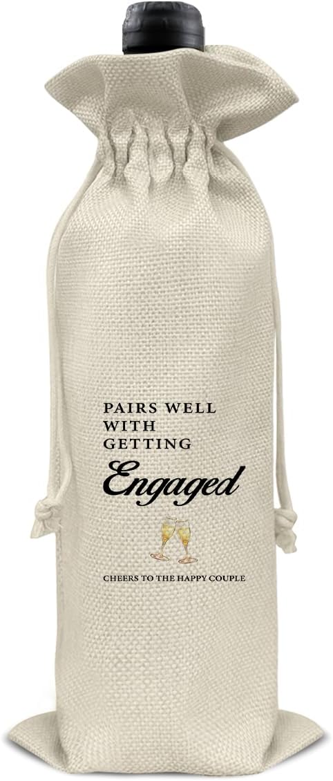 HOIJAUMAI Engagement Gift for New Couples, Engagement Wine Bag Wedding Gift for Mr and Mrs, Pairs Well with Getting Engaged Burlap Drawstring Wine Bag Champagne Wine Gift Bag