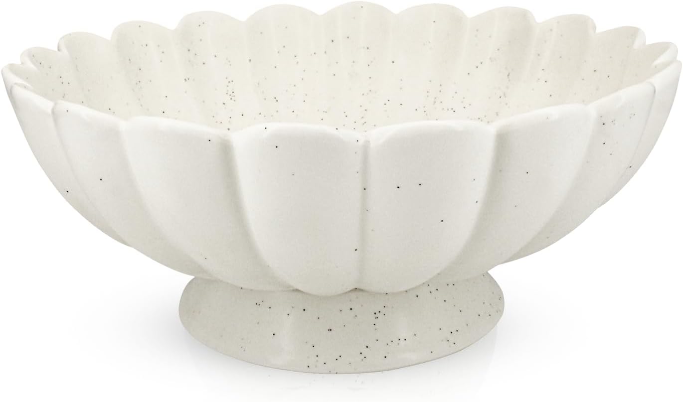 Large Fruit Bowl for Kitchen Counter-10.6" White Ceramic Fluted Scalloped Decorative Footed Bowl -Elegant Pedestal Display Bowls for Entryway Table, Perfect for Housewarming &Wedding Gift