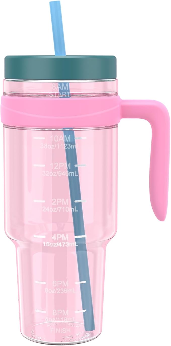 Tronco 50 oz Tritan Plastic Tumbler with Lid and Straw, BPA-Free Reusable Clear Water Bottle with Time Marker, 100% Leak Proof & Wide Mouth for Iced Coffee, Juice, Bubble Tea, Smoothies