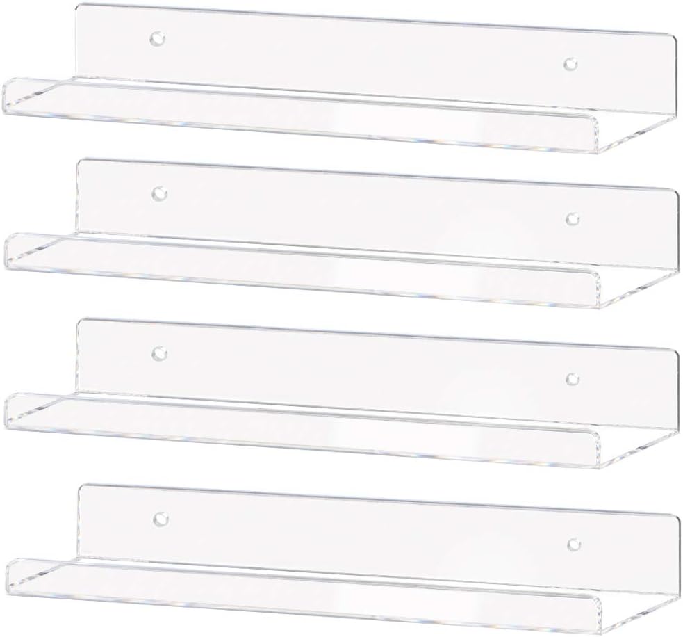 Weiai Clear Acrylic Shelf 15" Invisible Floating Wall Ledge Bookshelf, Kids Book Display Shelves Wall Mounted (15 Inch 4Pack)