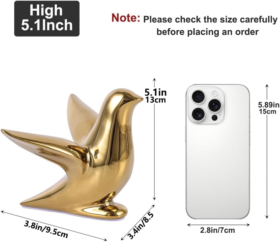 Gold Decor Accents – Modern Gold Ceramic Bird Figurine, 5.1in Decorative Bird Statue for Shelf, Table or Bathroom, Small Animal Sculpture Gift for Bird Lovers, Bird Room Decor
