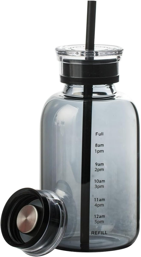 Glass water bottle With Time Marker -15oz with 2 caps and straw,Reusable Glass Drinking Bottles，Suitable For Drinks, Juices, Sodas, Coke, As Gifts Etc (Smoky 15oz)