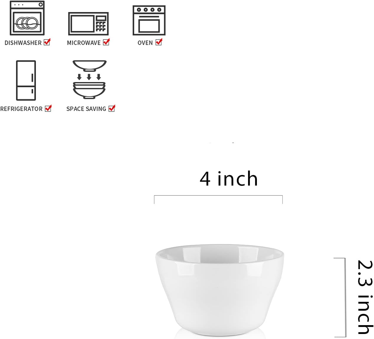 Selamica Ceramic Small Bowls Dessert Bowls 8oz Bouillon Cups for Dessert Soup Dipping Sauce Coffee Cupping Microwave and Dishwasher Safe- Set of 6(White)