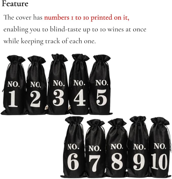 VINOPIE Black Blind Tasting Wine Bags Cover Pouch Kit Tasting Sleeve With Numbering 1to10 Mark Printed On It (10pcs) Hessian Cloth Glass Bottle Gift Bags for Christmas Wedding Party Decoration