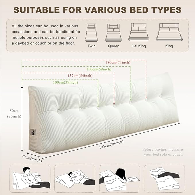 Headboard Pillow - Queen-Sized Headboard Wedge Pillow for Daybeds and Bunk Beds - Durable, Comfortable, with Removable Velvet Cover (White, 59x20x8Inches)