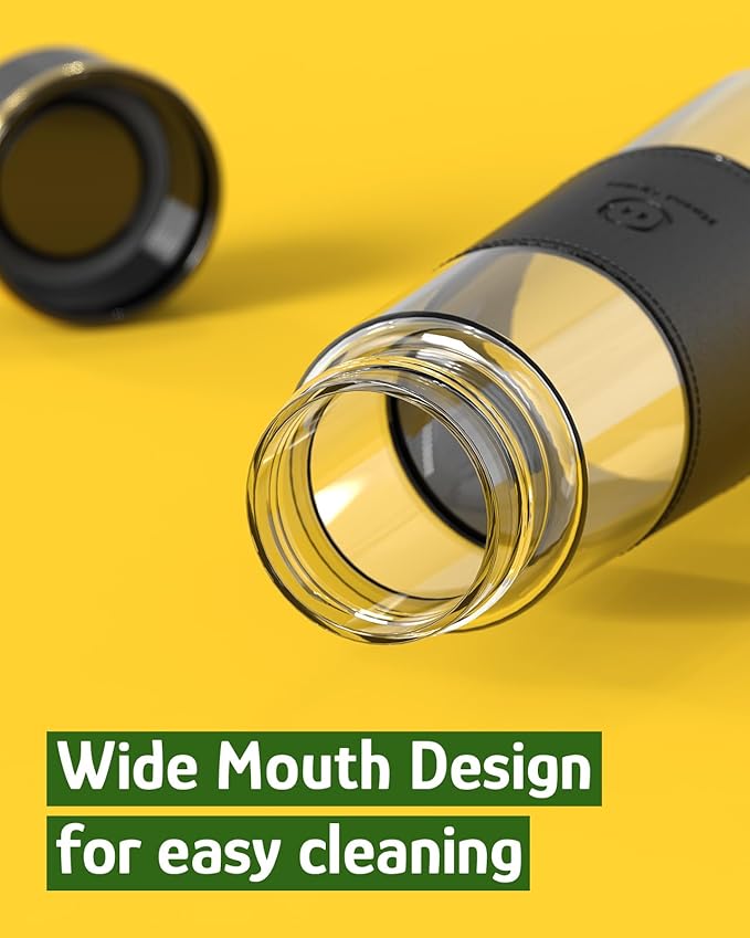 Hazel Quinn Glass Water Bottles - 450 mL / 15 oz Borosilicate Glass Juice Bottle with Leather Cup Sleeve, Reusable BPA Free