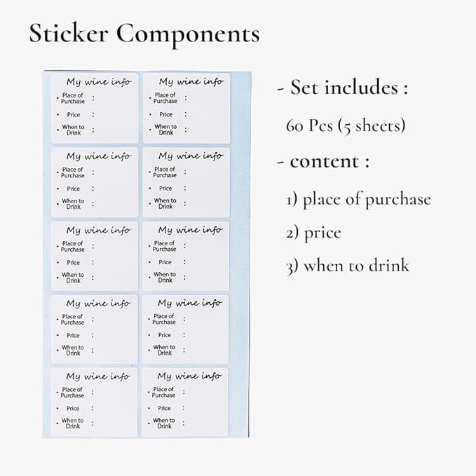 Wine Bottle Information Name Tag Stickers for Bottle Detailing (60pcs) - Place of Purchase, Price, Tasting Notes - Ideal for Tasting Events, Cellars, and Gifting