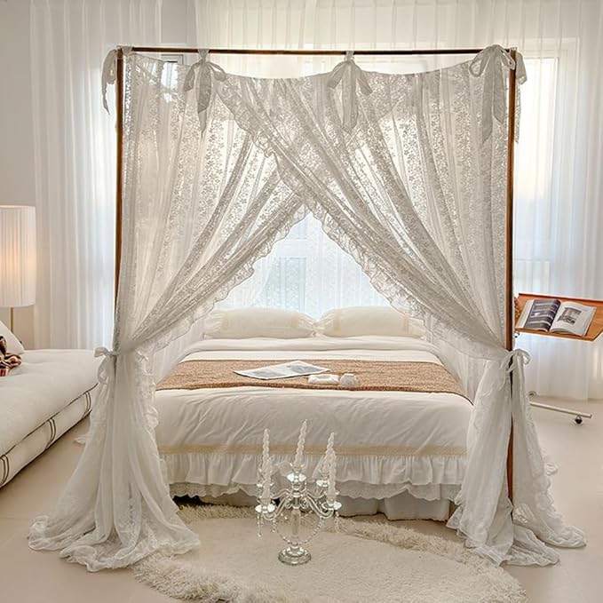 Elegant Princess 4 Corner Post Mosquito Net Romantic for Girls Women Bed Curtain Canopy for Adult Wedding Bedroom Kids Rooms Decoration (Type2-White-Flower, Full)