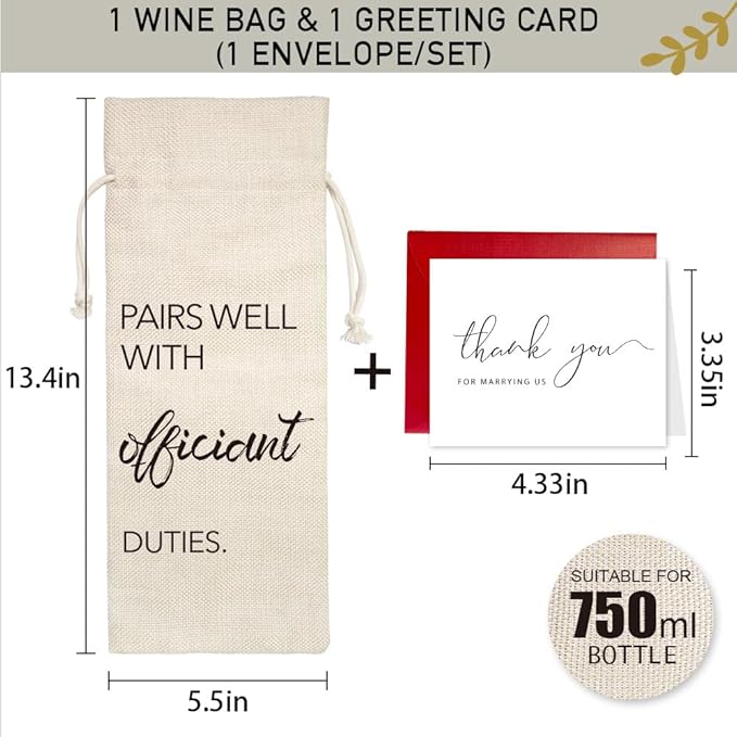 YAANUNULU Wedding Gifts for Officiant, Wedding Officiant Wine Bag for Wedding Day, Best Officiant Ever, Pairs Well With Wedding Officiant, Drawstring Burlap Wine Bag, 1 Wine Bag with 1 Thankful Card