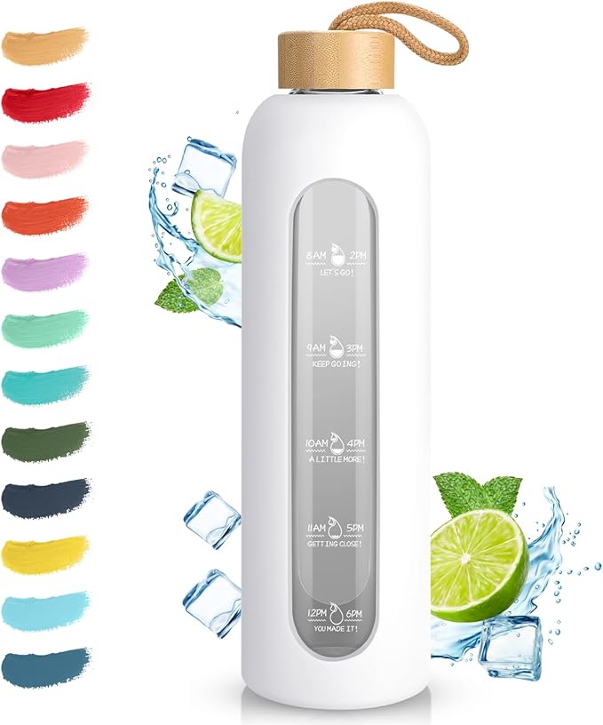 Sursip 32 oz Glass Water Bottle with Time Marker,1 Liter BPA-Free Reusable Motivational Water Bottle with Non-Slip Silicone Sleeve and Bamboo Lid, Ice Cube Tray, Leak-Proof, Dishwasher Safe