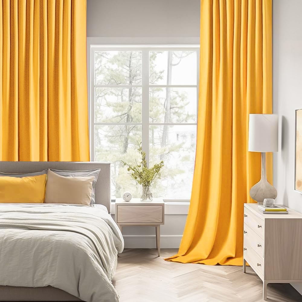 MIULEE Yellow Back Tab Blackout Curtains 90 Inches Long 2 Panels Set for Living Room Bedroom Privacy, Rod Pocket/Pinch Pleat Thermal Insulated Room Darkening Pleated Light Blocking Drapes