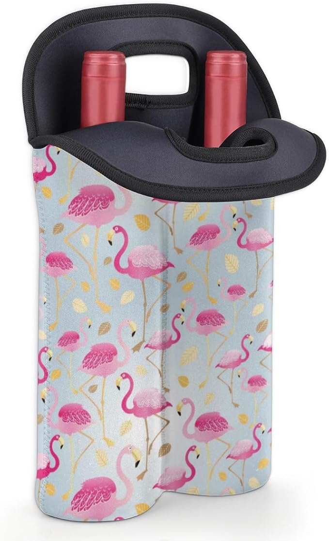 Pink Flamingo 2-Bottle Wine Gift Tote Carrier Gold Leaves Neoprene Wine Tote Bags Holder Cooler Wine Gift for Women Men
