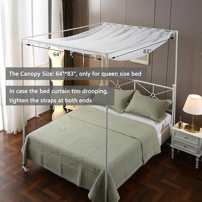 Pleated White Sheer Canopy Bed Curtains for Top of Bed, Romantic Princess Bed Curtains, Bed Canopy for Girls (Queen, White)