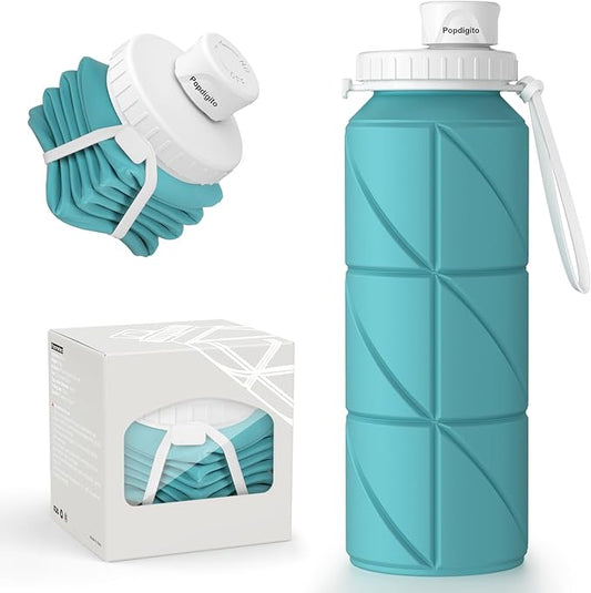 23oz Collapsible Silicone Water Bottle, BPA Free, Portable for Hiking, Travel, Camping, Yoga, Foldable, Leakproof, Lightweight, 690mL