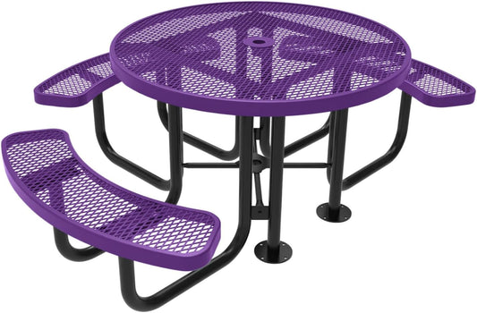 Heavy-Duty Portable Outdoor Picnic Table with Umbrella Hole, Expanded Metal Patio Dining Furniture Made in America (46" Round Top, Purple)
