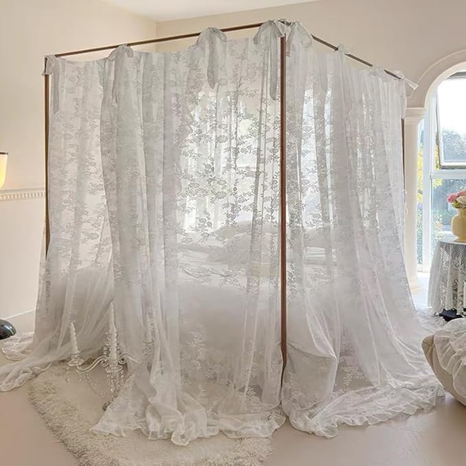Elegant Lace Princess 4 Corner Post Mosquito Net Romantic for Girls Women Bed Curtain Canopy for Adult Wedding Bedroom Kids Rooms Decoration (Type3-Beige-White, Queen)