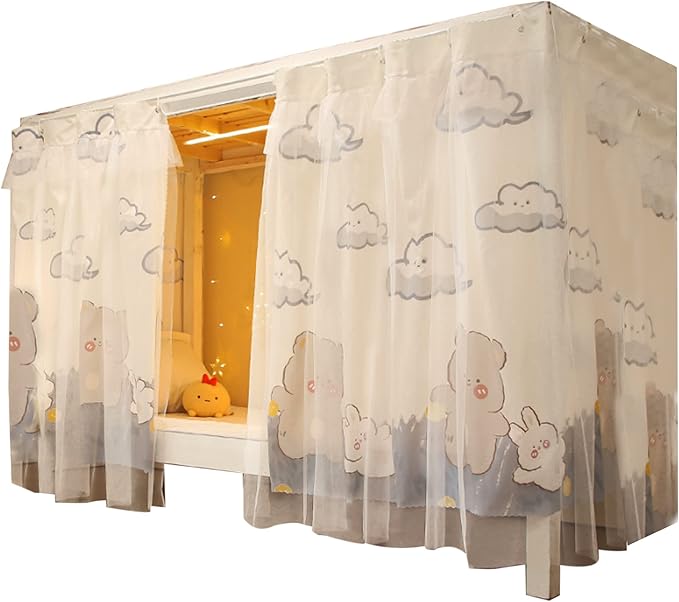 Beautiful Gauze Bunk Bed Curtains Drapes with Lace Privacy Bed Canopy for Bottom, 2 Panels, Bear Rabbit