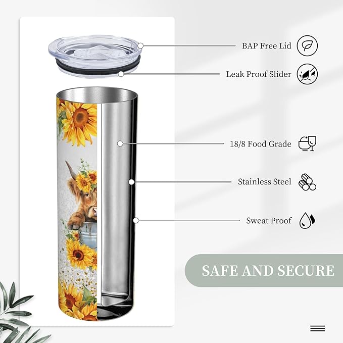 Highland Cow Tumbler Highland Cow Gifts Highland Cow Tumbler With Lid 20oz Stainless Steel Cow Sunflower Gifts For Women Mom Reusable Bottle For Hot & Cold Drinks Tea Cup Iced Coffee Travel Mug