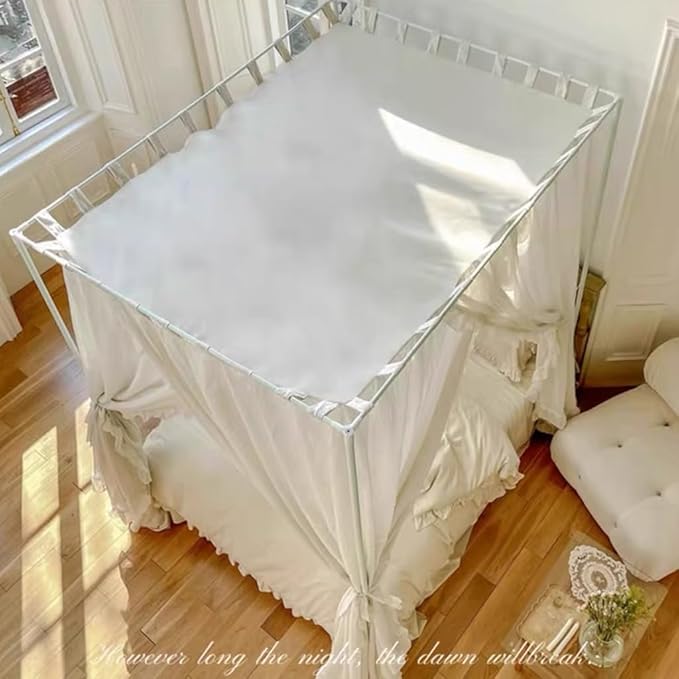 Elegant Modern Linen Princess 4 Corner Post Mosquito Net Romantic for Girls Women Bed Curtain Canopy for Adult Wedding Bedroom Kids Rooms Decoration (White-Beige, King)