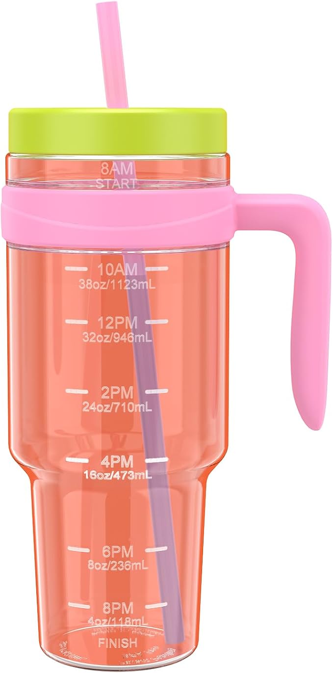 Tronco 50 oz Tritan Plastic Tumbler with Lid and Straw, BPA-Free Reusable Clear Water Bottle with Time Marker, 100% Leak Proof & Wide Mouth for Iced Coffee, Juice, Bubble Tea, Smoothies